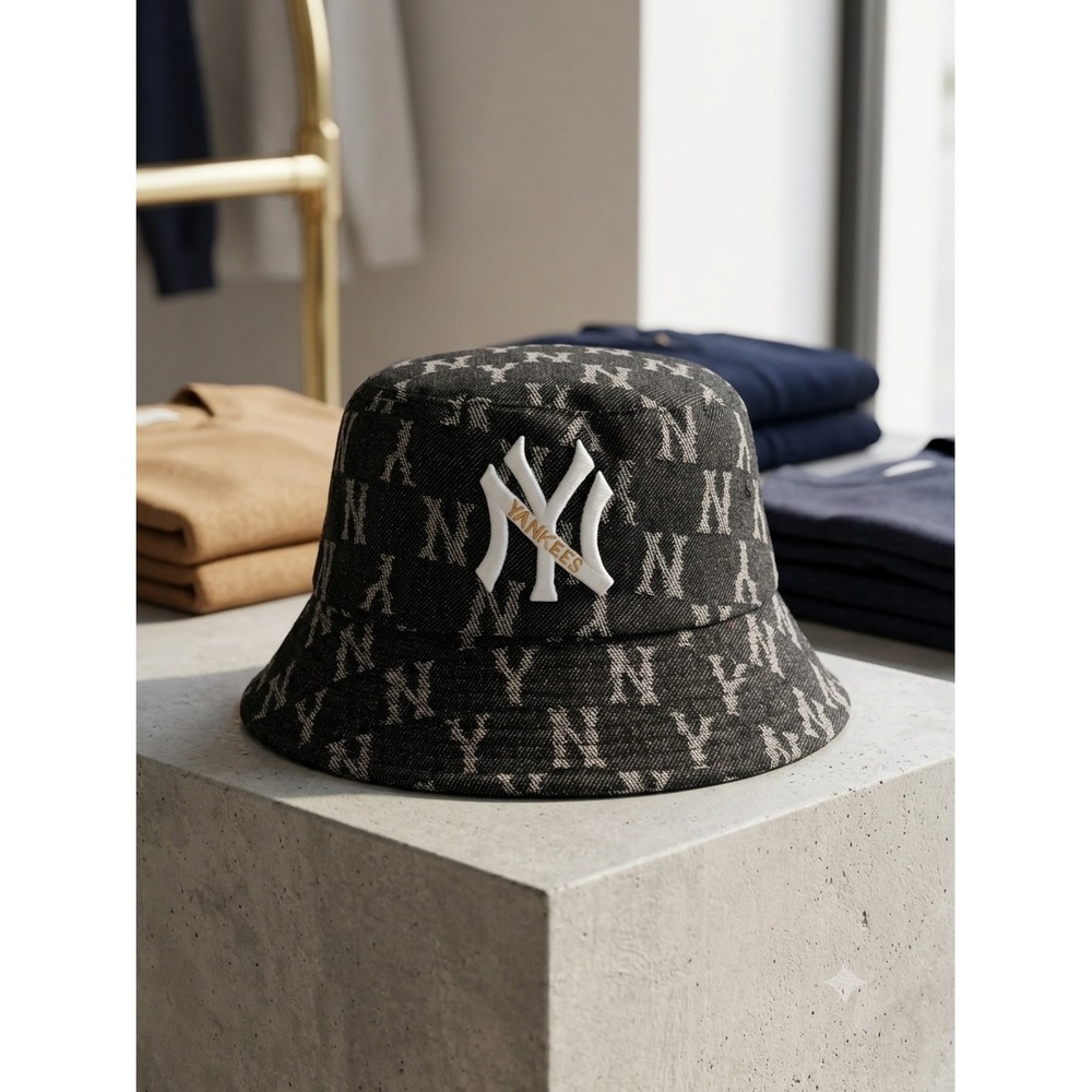 New York Yankees Monogram Denim Bucket Hat Black Grey NY Logo Cotton MLB